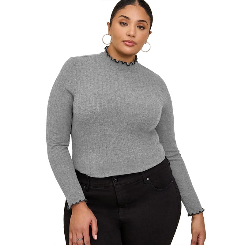 women’s gray ribbed knit slim fit long sleeve top with black ruffled trim at the mock neck and cuffs