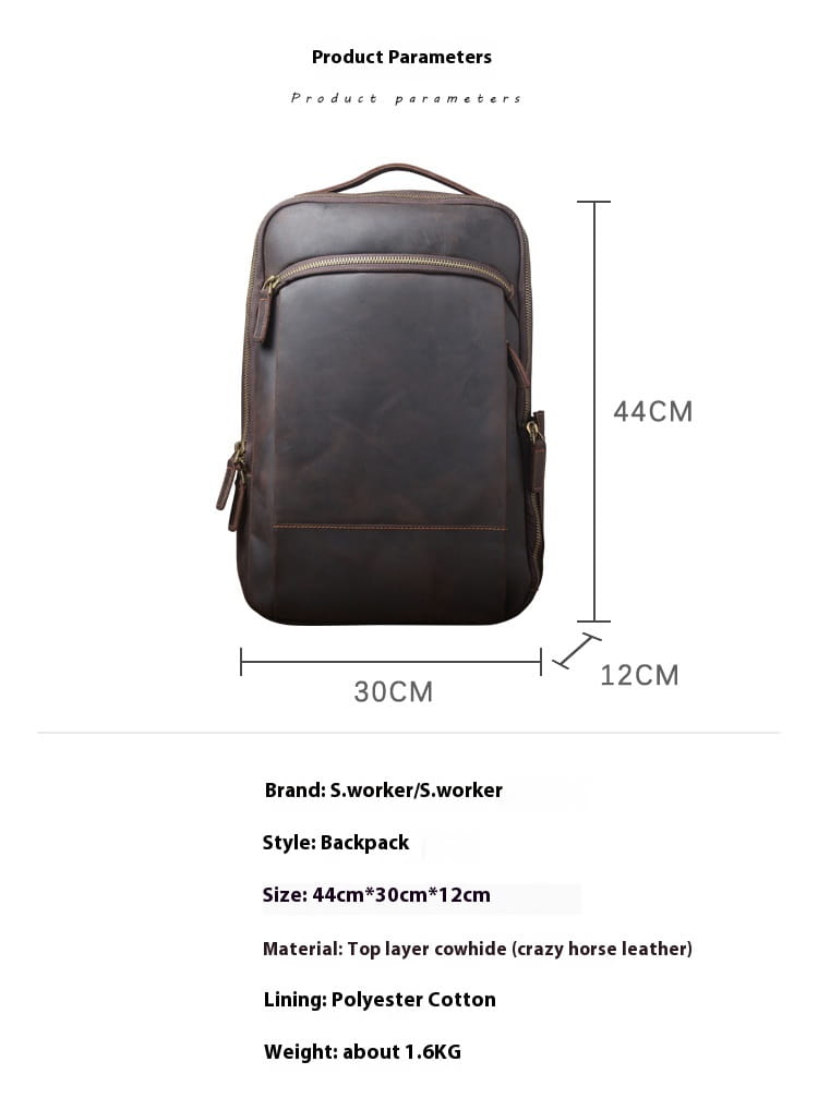 Men’s vintage leather backpack in dark brown cowhide featuring a dark brown top layer with a classic design and multiple zippers.