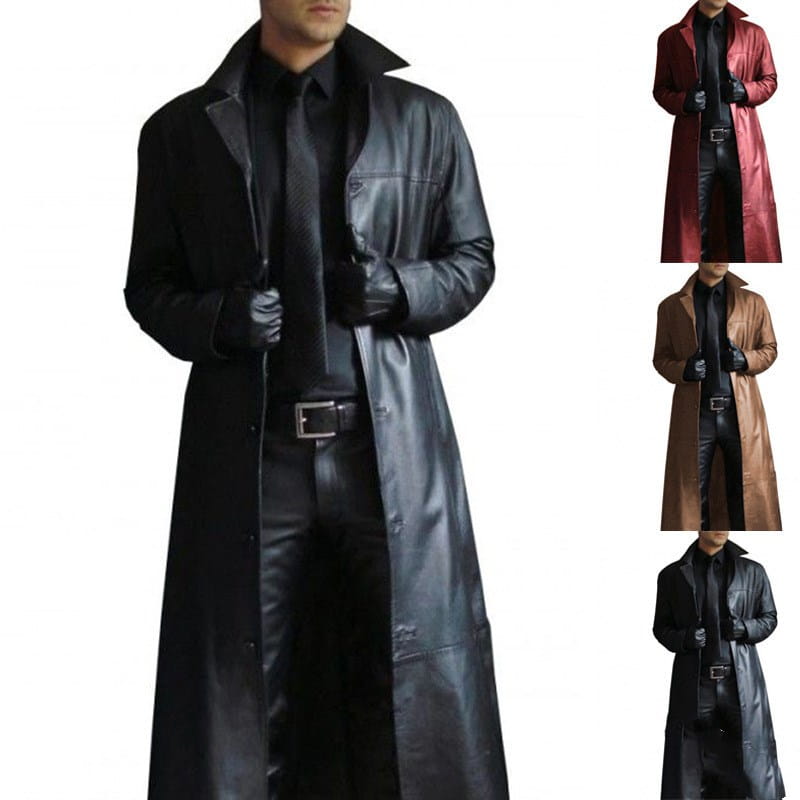 Men slim leather trench coat in black featuring a classic collar and buttoned front design.