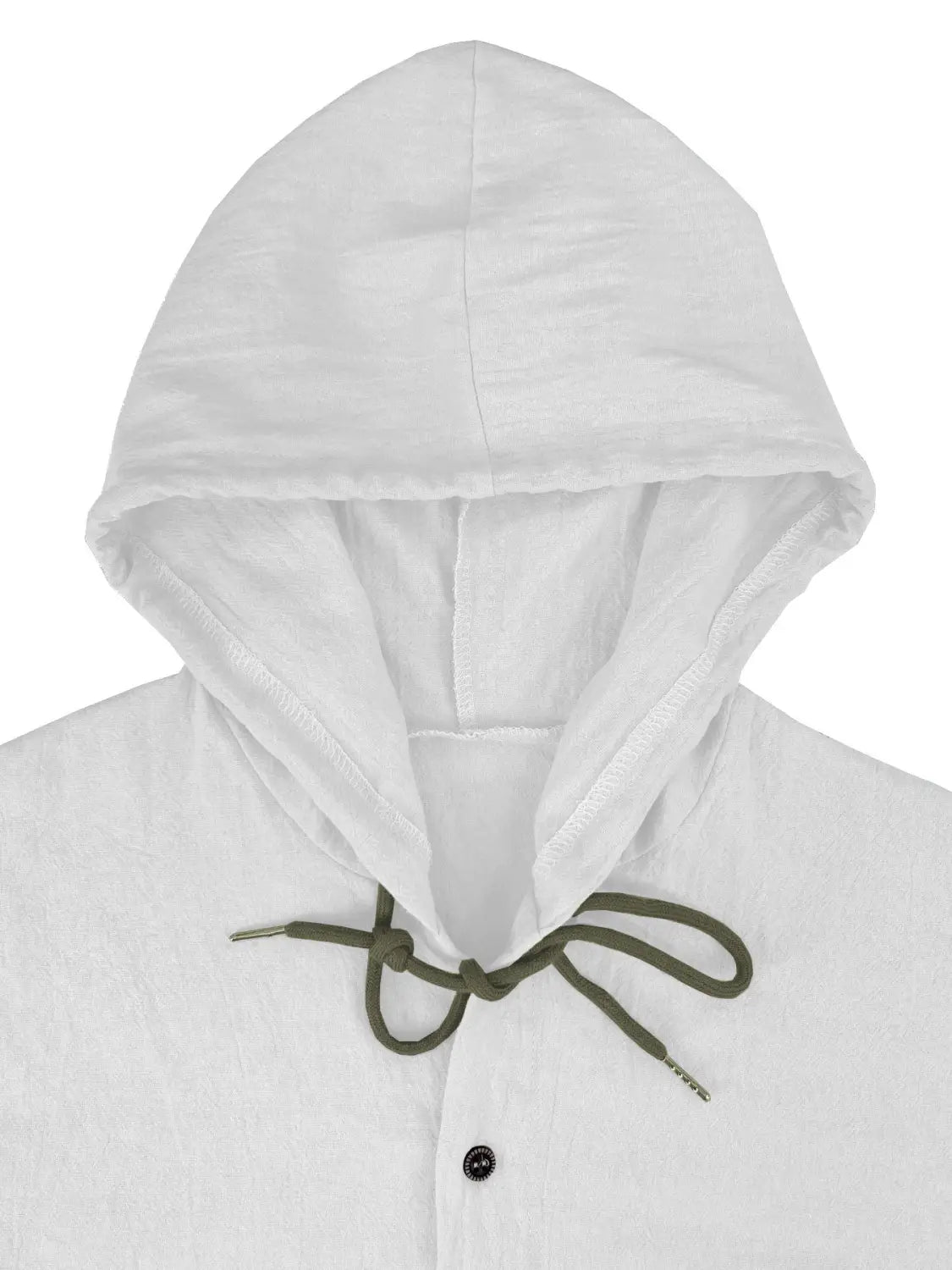 Camisa de cárdigan con capucha ligera para hombre, color blanco, con cordón en verde oliva y un solo botón negro en el cuello.