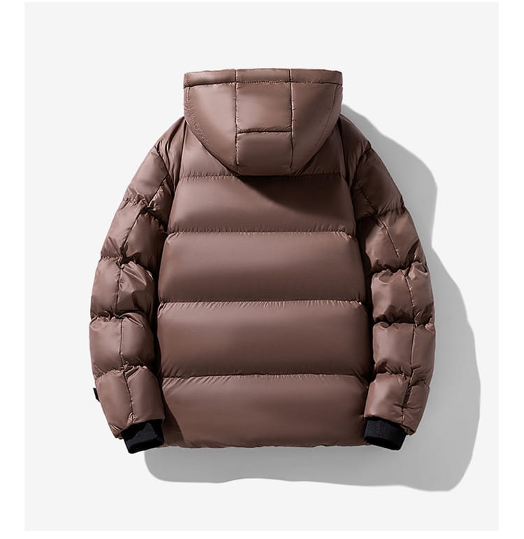 men’s hooded corduroy puffer jacket plus size in brown with quilted design and black ribbed cuffs