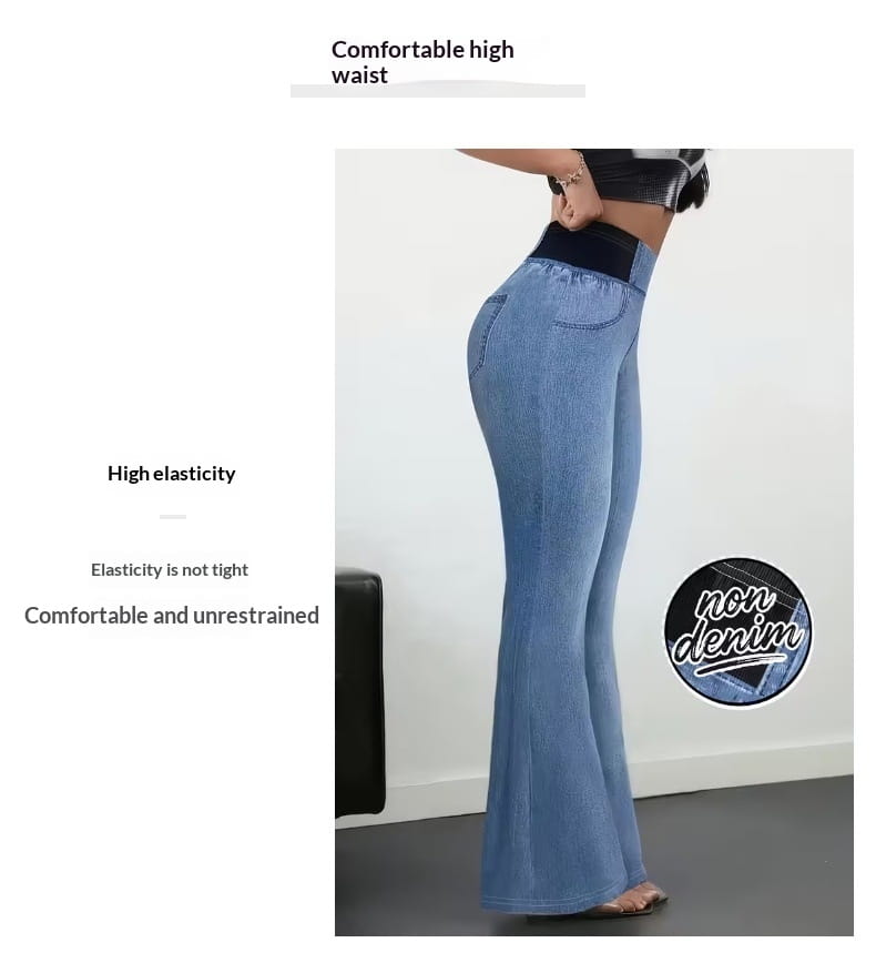 hellblaue Schlaghosen mit elastischem Bund aus elastischem, nicht-dernimem Material mit High-Waist-Design.