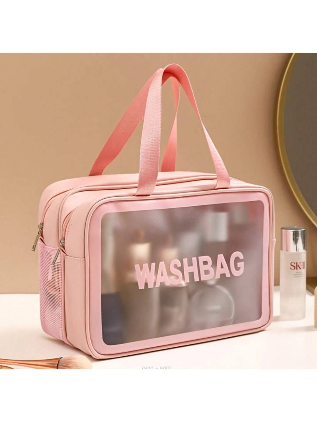 Rosa Mesh- und Stoff-Reisekosmetiktasche/Wäschetasche mit transparentem Frontpanel, auf dem das Wort washbag steht; konzipiert für Trennung von trocken und nass und zur Organisation der Wäsche.