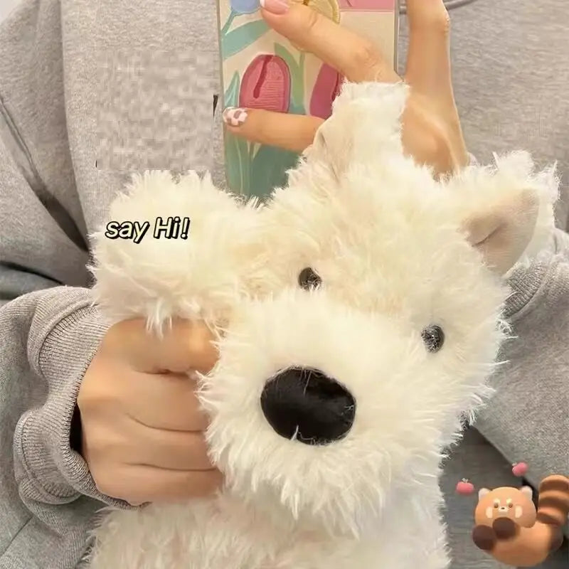 Fluffy white plush dog toy with black nose and eyes made of soft material featured in plush dog and teddy bear stuffed animal toy collection measuring 23-40cm.