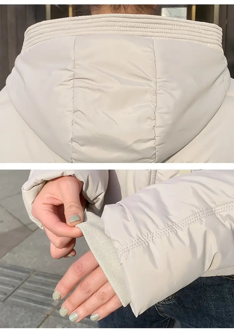 Off-white women hooded short down jacket featuring quilted design ribbed cuffs and soft padded interior for warmth and comfort
