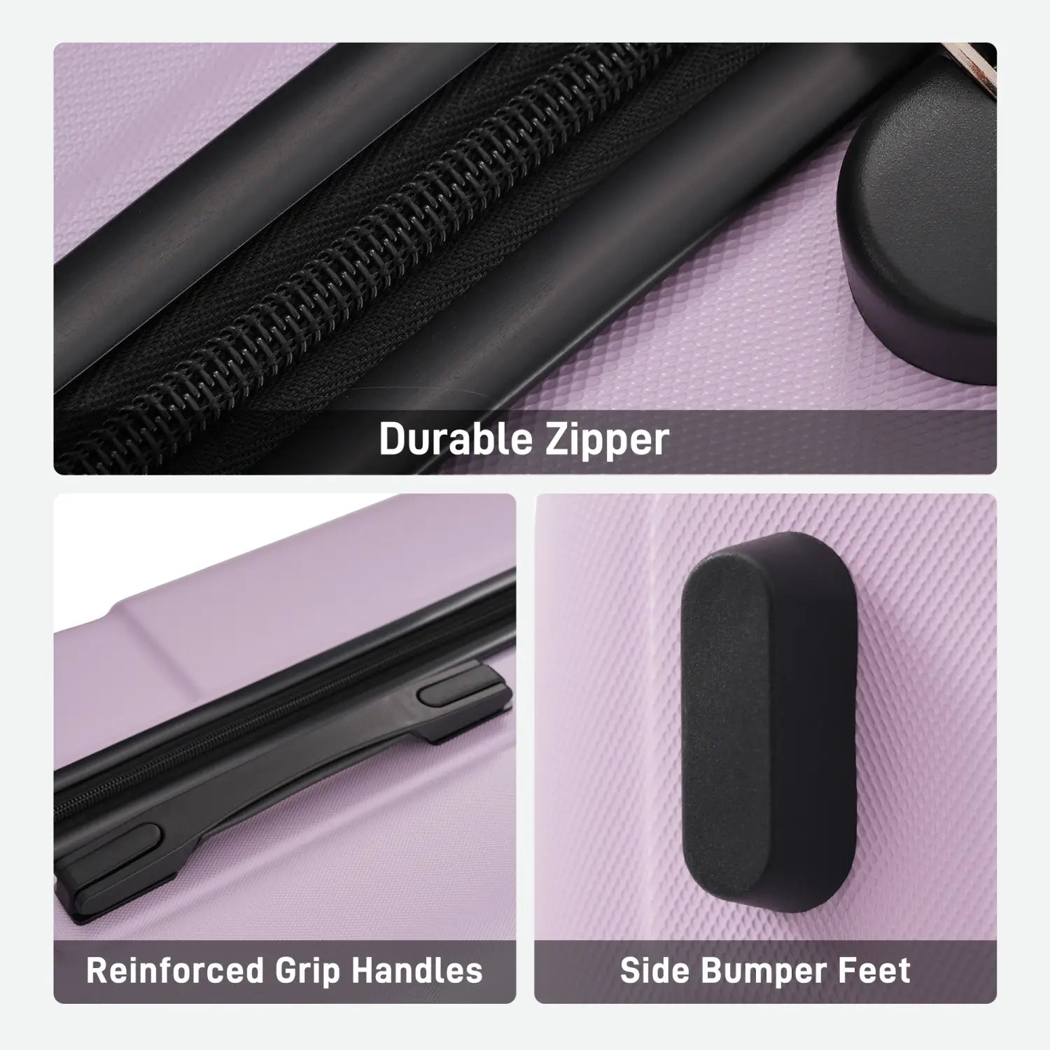 Lavender 6 piece hardshell luggage set featuring a light purple hard-shell suitcase with a black durable zipper, reinforced grip handles, and side bumper feet.