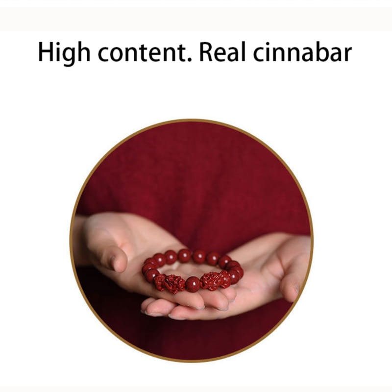 Hand carved purple gold cinnabar double pixiu bracelet featuring a rich deep red cinnabar bead bracelet with a polished finish and an intricate carved centerpiece.