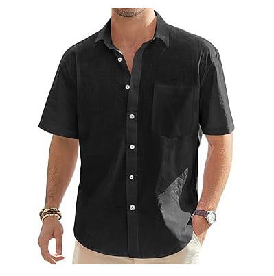 Herren-Cotton-Linen-Hemd mit kurzem Ärmel in Schwarz, mit Brusttasche und dezentem Stoffkontrast an der Seitennaht.