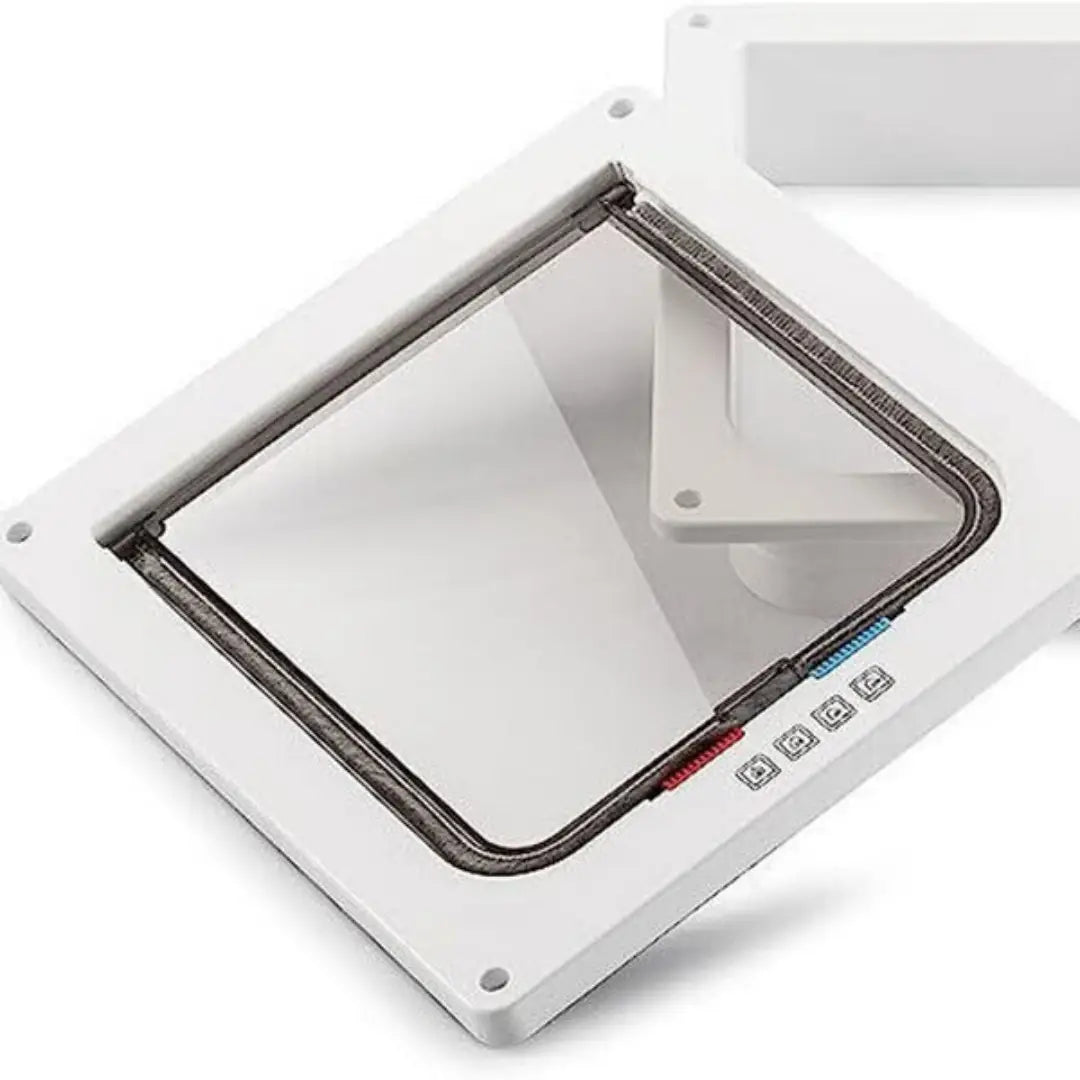 White rectangular pet door with clear glass panel black trim and four way locking magnetic flap for dogs and cats in white.