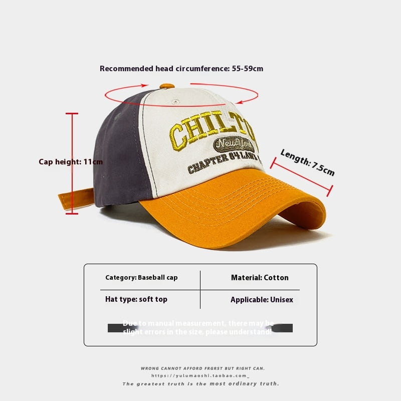 Casquette de baseball rétro à empiècements contrastés, conçue comme un chapeau de soleil, avec un panneau avant blanc et une broderie dorée « Chillton », des panneaux latéraux bleu marine et orange vif, ainsi qu’une visière orange vif.