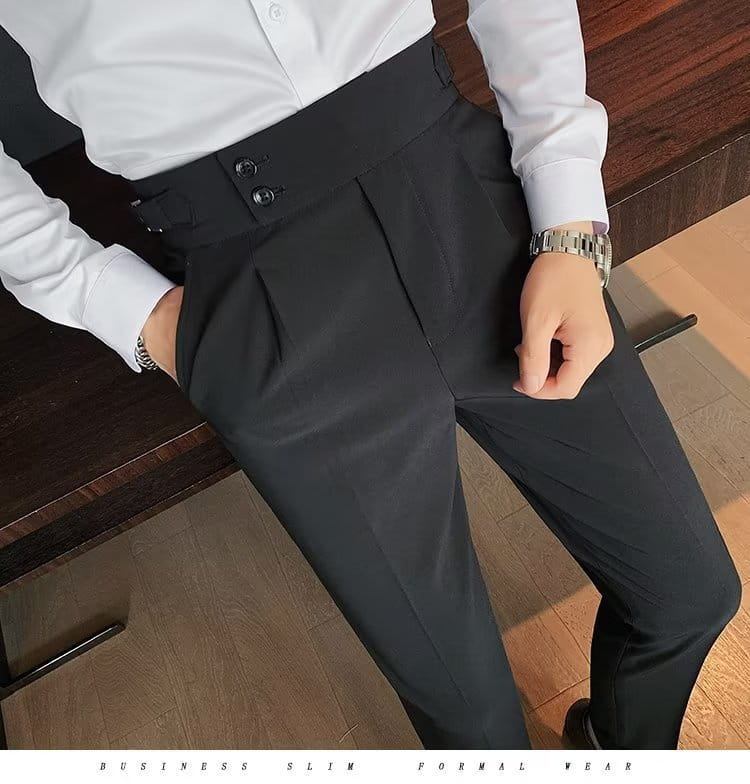 Black slim-fit formal trousers with a high waist and double-button closure Korean style slim fit men trousers.