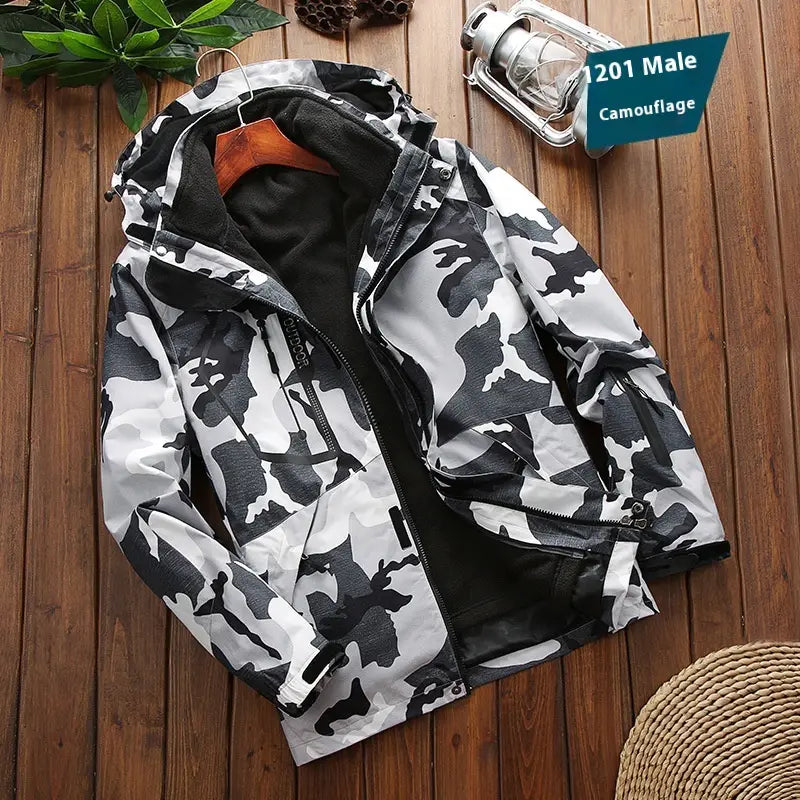 Men three-in-one waterproof winter sportswear jacket with black and white camouflage pattern, hood, zipper closure, and black inner lining.