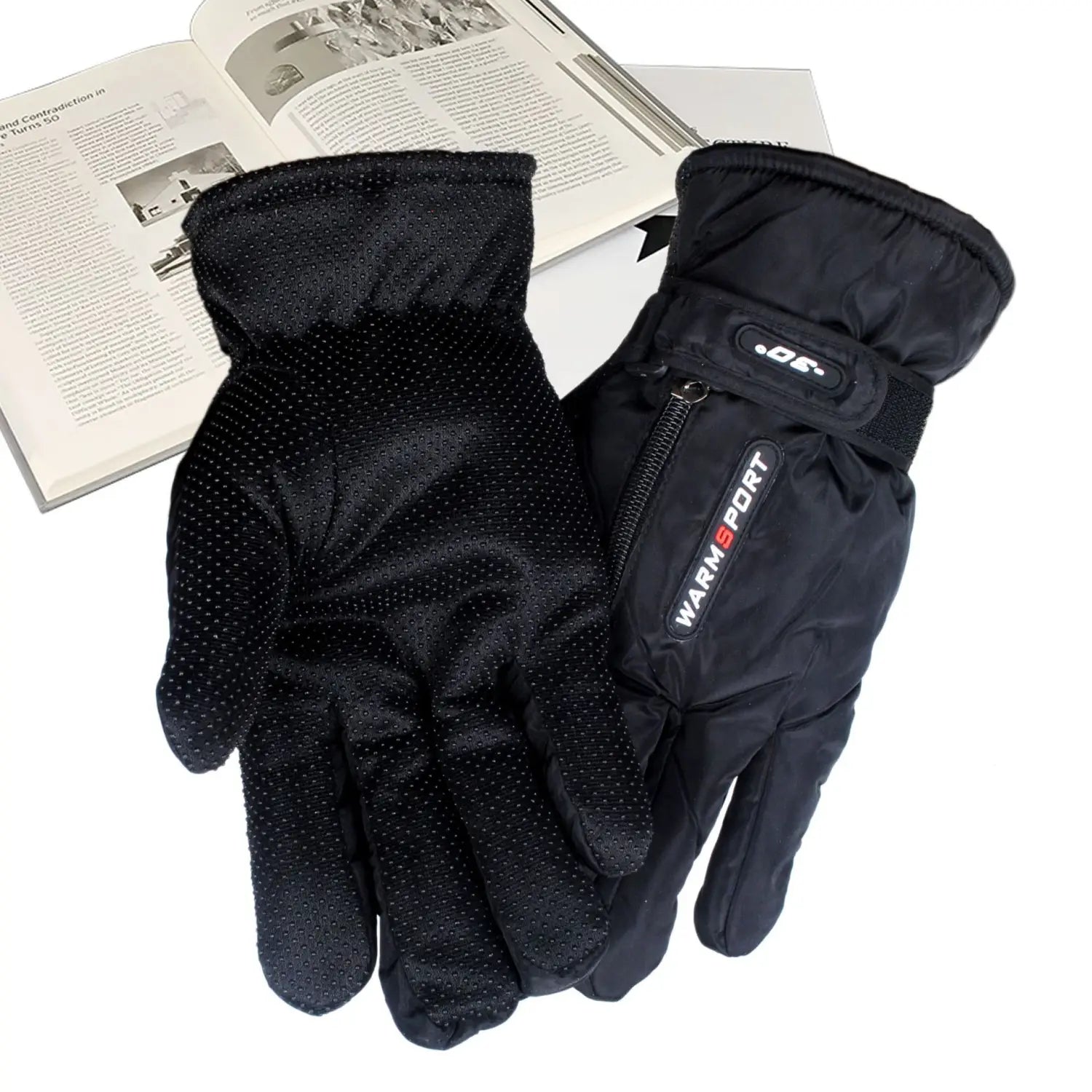 Black warmsport brand men’s windproof thermal cycling gloves showing the back side with a textured perforated palm and reinforced wrist strap for enhanced grip and durability.