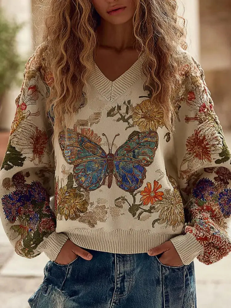 Un suéter de punto esponjoso color crema con una gran mariposa bordada con gran detalle, con alas iridiscentes azul y verde, y motivos florales coloridos para vestir en Navidad.