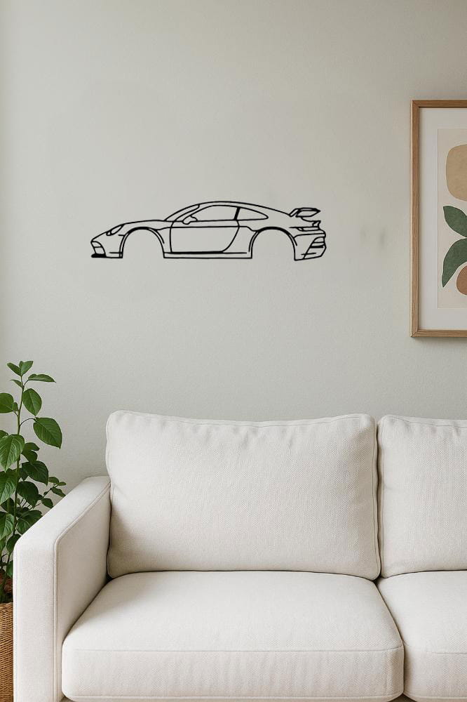 Schwarz gezeichnete Line-Art-Metall-Wanddekoration mit einer Retro-Silhouette eines Porsche 911 Sportwagens.