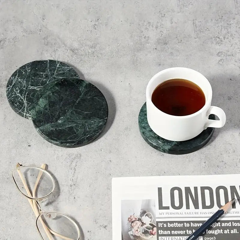 dark green marble coasters set of 4 round stone pads with swirling white veining for drink protection and surface decor