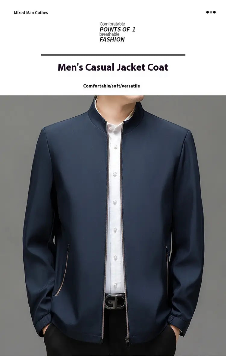 Navy blue men casual polo bomber jacket with a stand-up collar and front zipper closure designed for everyday wear.