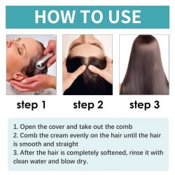 L’image présente un guide illustré étape par étape pour utiliser la crème coiffante pour cheveux lissés correctrice de protéines 60 ml afin d’obtenir des cheveux lisses et parfaitement droits.