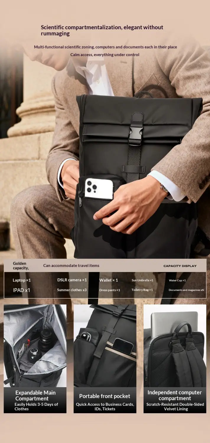 Black roll top business backpack made of durable fabric with multiple compartments and a sleek design suitable for travel.