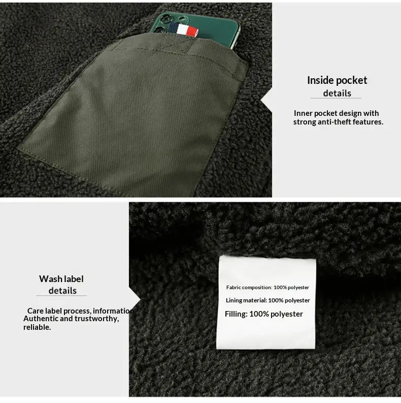 Veste boutonnée en matelassé à empiècements pour homme en velours côtelé vert olive doublée en polaire de laine d’agneau, réalisée avec un tissu et un rembourrage en polyester à 100 %.
