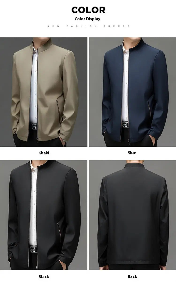 Men casual polo bomber jackets in khaki, navy blue, and black colors shown from the back, featuring a modern slim-fit design with a stand-up collar.