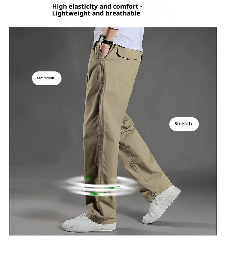 Men’s Japanese style cotton straight leg workwear pants in khaki color featuring a relaxed fit and stretchy fabric with side cargo pockets.