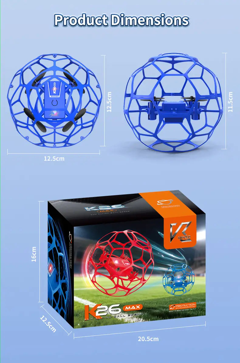blue spherical k26 football drone with hexagonal cage design and visible propellers inside featuring dual battery technology