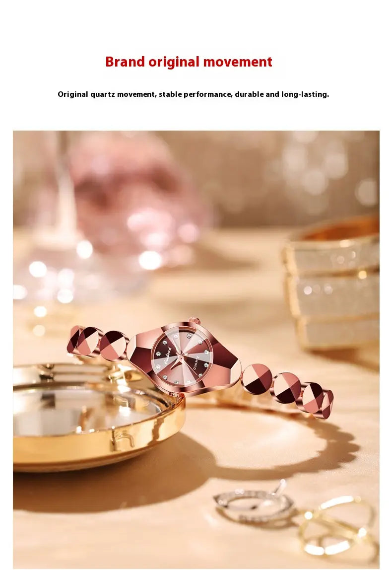 Rose gold-tone luxe geometric faceted bracelet watch featuring a sleek minimalist dial with diamond accents.