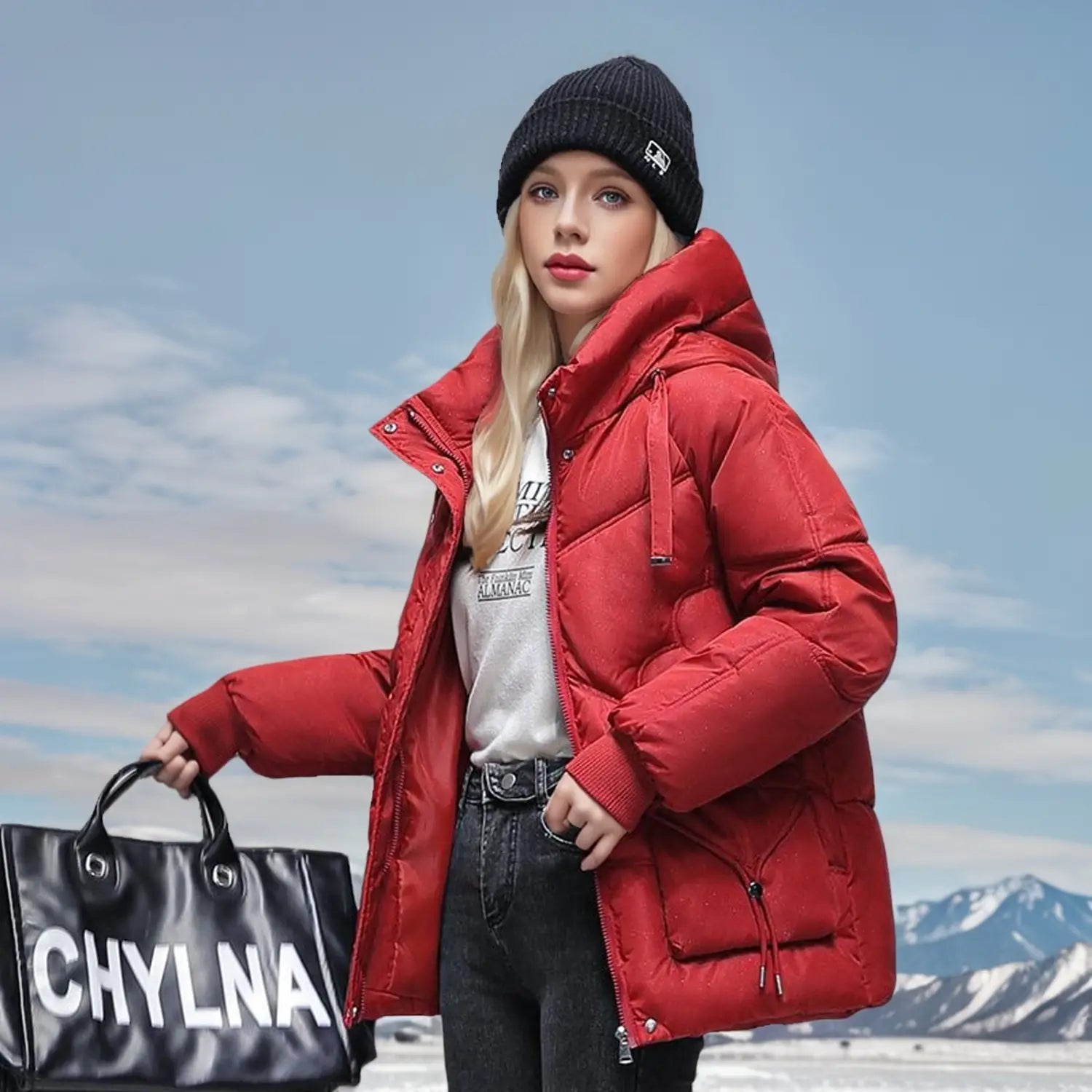 Roter koreanischer lockerer Winter-Steppjackett mit Daunenoptik, Kapuze und vorderem Reißverschluss, ausgelegt für kaltes Wetter.
