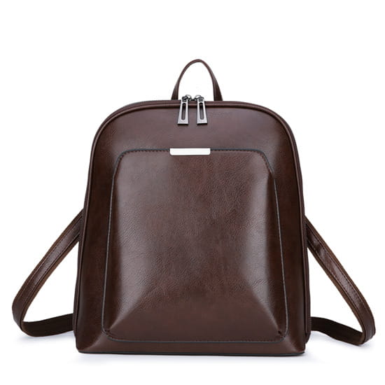 brown pu leather anti-theft backpack with magazine print featuring silver-toned zippers and a minimalist design