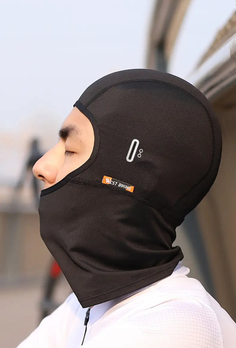 Neon green cycling balaclava sun protection mask made of black mesh material featuring a small white logo and an orange west biking brand tag.