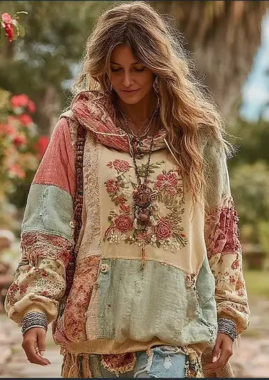 A vintage patchwork floral hoodie in earthy tones featuring floral embroidery and frayed edges.