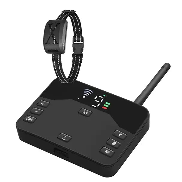 Black wireless dog collar and receiver system with digital display antenna and control buttons for wireless dog fence and training collar system IPX6.