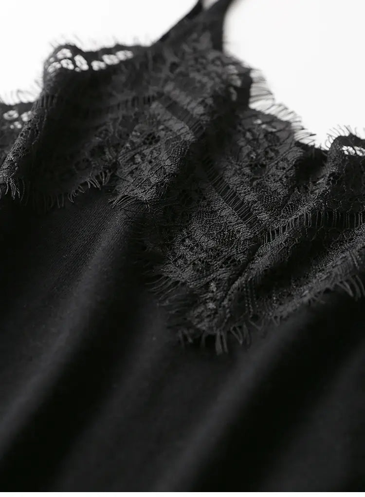 black lace trim camisole top featuring a bodice with frayed edges and delicate intricate patterns