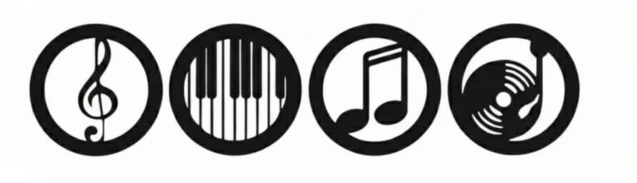 four black circular wooden wall decor icons depicting musical symbols including a treble clef, piano keys, a single note, and a vinyl record in a musical note wooden wall decor 4 piece set 20x20cm