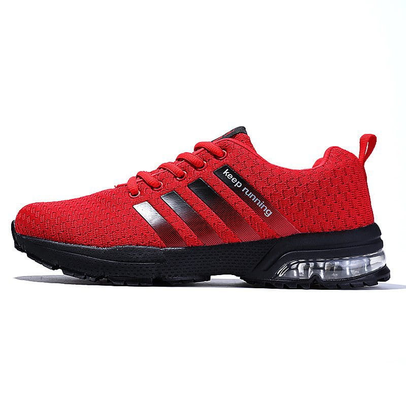 men’s air cushion knit running sneaker in red with black stripes and a transparent air cushion sole designed for large sizes