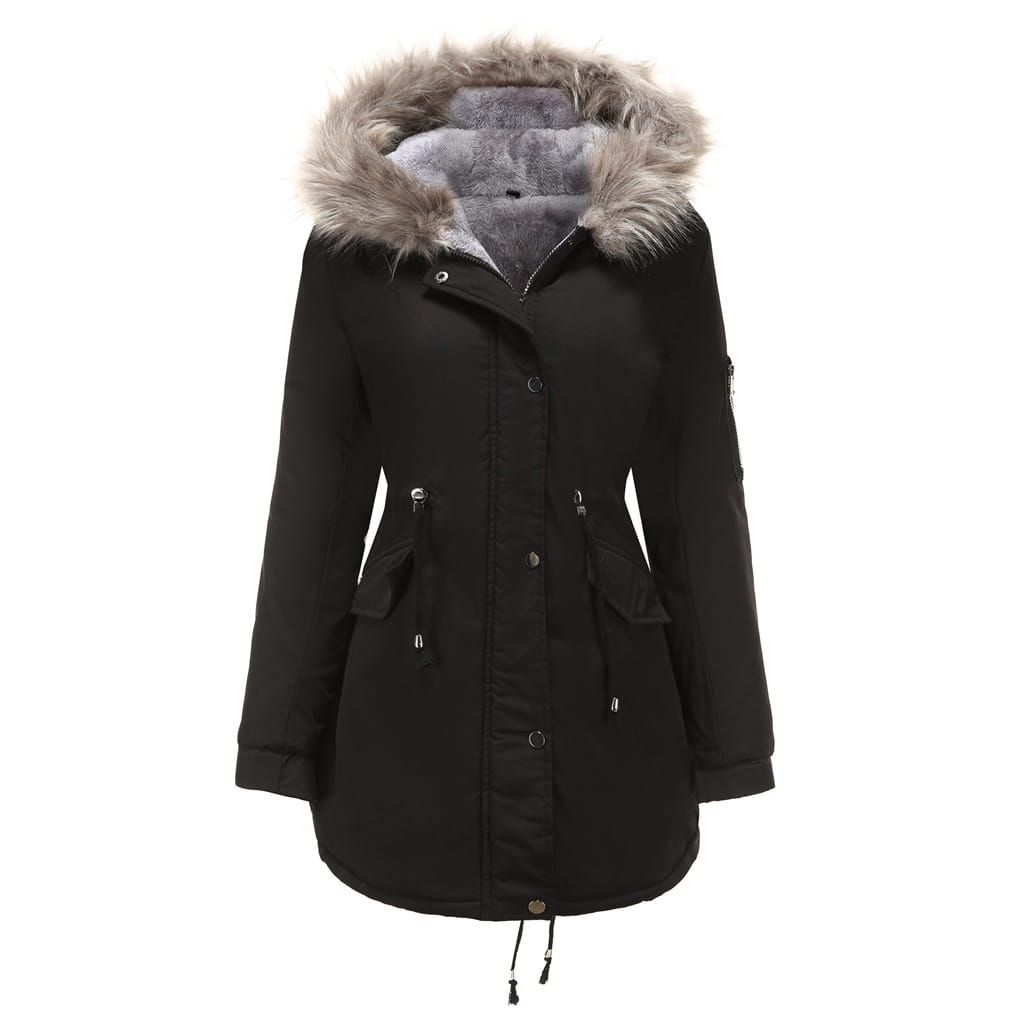 parka de invierno negra con cuello de piel para mujer, con acolchado de algodón, capucha forrada con piel esponjosa gris y marrón, cierre frontal con botones, bolsillos laterales con cremallera y cintura ajustable con cordón.