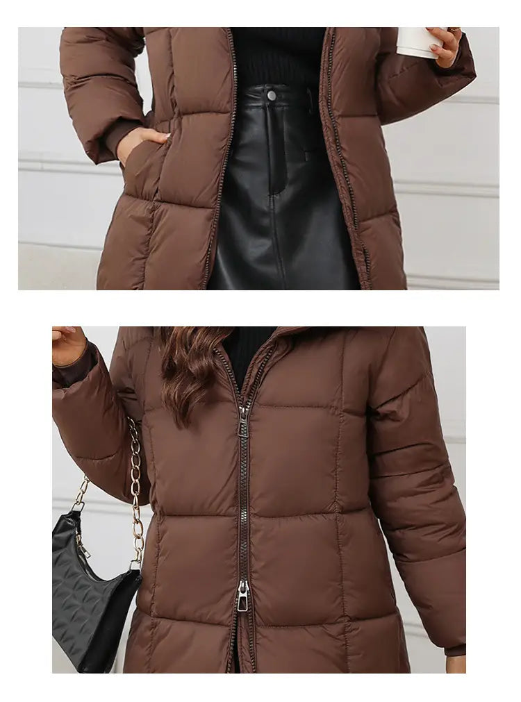 Brown quilted puffer coat with front zipper and hood made of cotton padded material designed for women winter use.