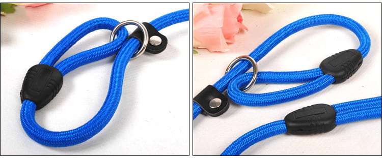 Correa para perro de nailon trenzado azul con mangos de plástico negro y anillos metálicos, adecuada para mascotas pequeñas y grandes.