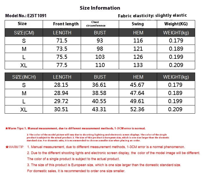 Size information table for a relaxed v neck sleeveless cotton wrap vest top showing measurements in centimeters and inches for sizes S to XL with fabric elasticity noted as slightly elastic.