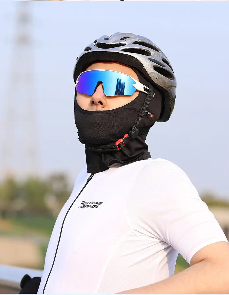 Black cycling face mask with red adjustment clips featuring a snug breathable fabric design for sun protection in a neon green cycling balaclava mask.