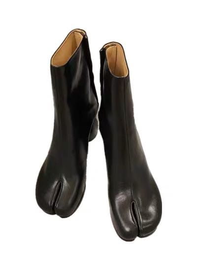 Black leather split toe tabi high heel ankle boots with a sleek minimalist design shown from the back side.