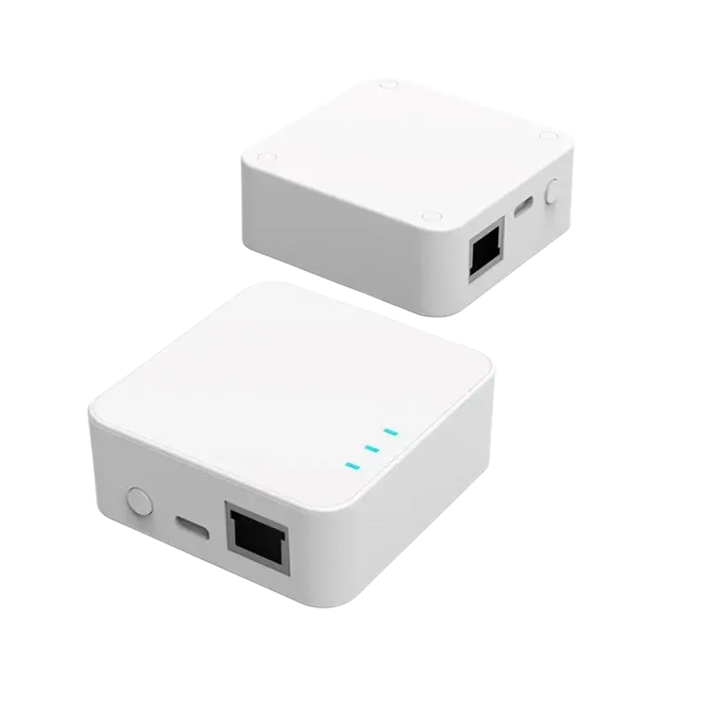 White abs plastic 74x71x27mm wireless routing enclosure with rj45 port and indicator lights in minimalist design