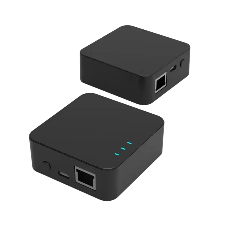 Black rectangular 74x71x27mm wireless routing network extenders with ethernet ports usb-c connectors and blue indicator lights