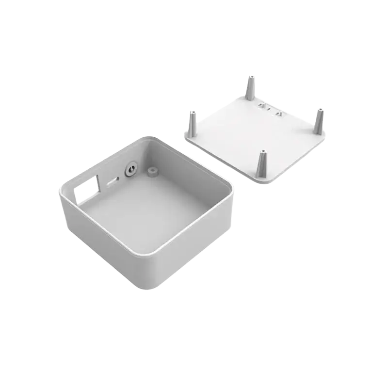 Gray plastic 74x71x27mm wireless routing enclosure with integrated mounting feet and side cutout in abs plastic case