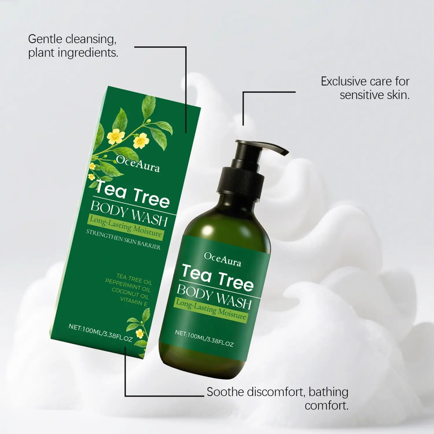 Oceaura tea tree body wash moisturizing skin cleanser 100ml in a dark green glass bottle with black pump dispenser containing plant-based ingredients for long-lasting moisture and sensitive skin care.