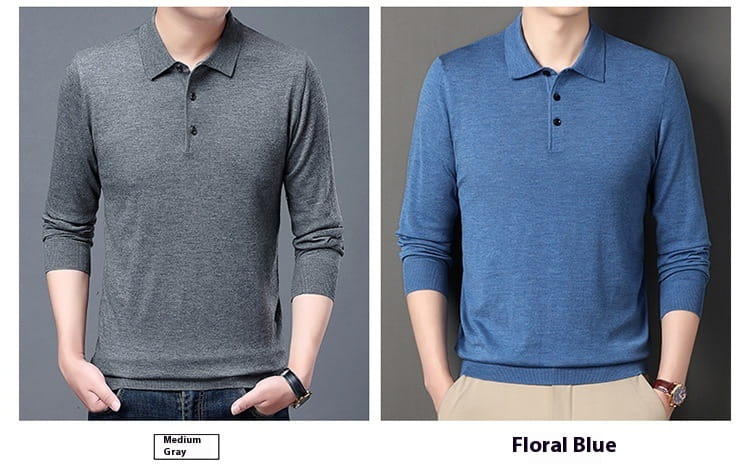 Herren-Wollstrick-Poloshirts mit langen Ärmeln in mittlerem Grau und Floralblau mit klassischen Kragen und geknöpften Leisten