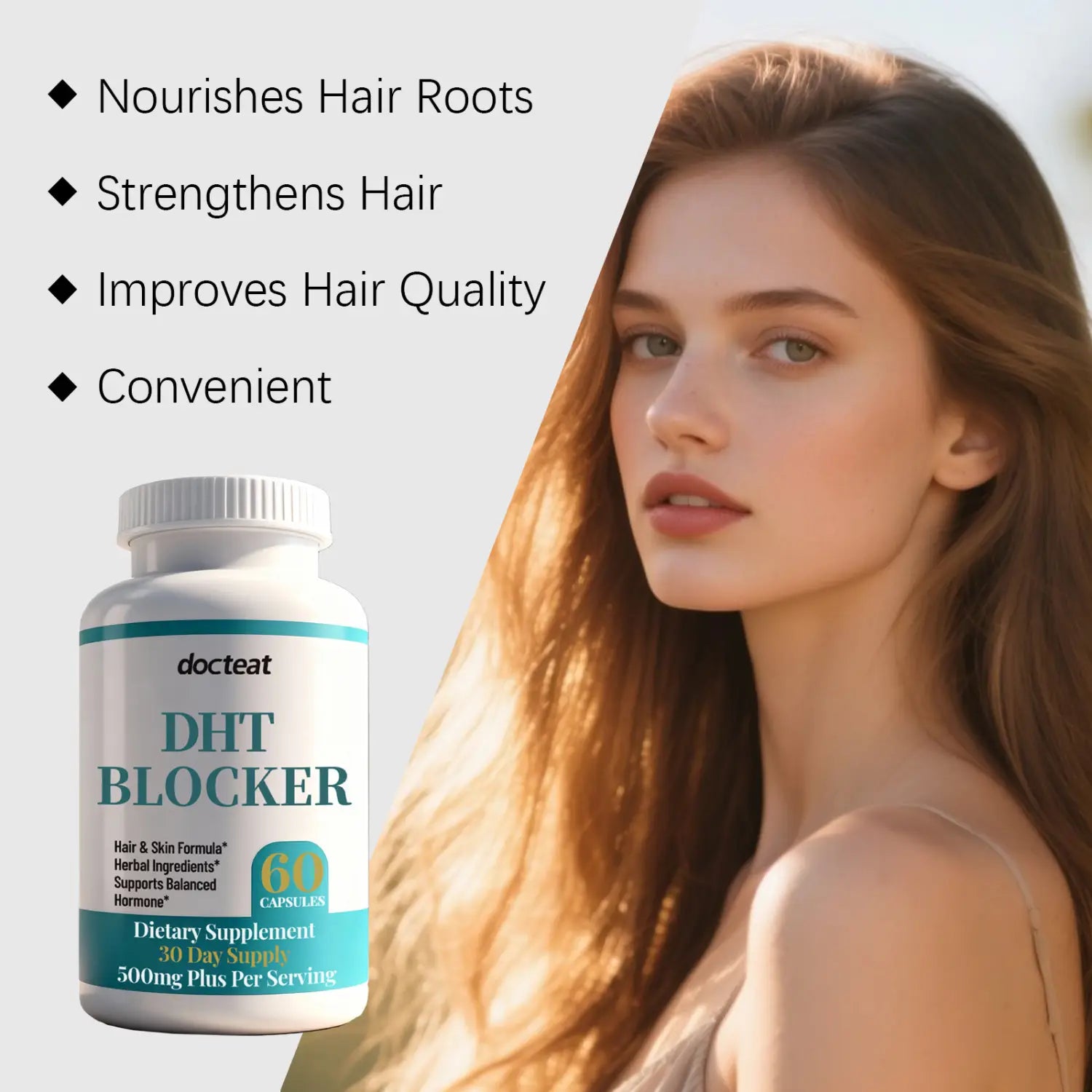 White plastic bottle with teal and black labeling featuring docteat dht blocker text for a 30-day supply of dht blocker hair growth capsules containing 60 softgels.