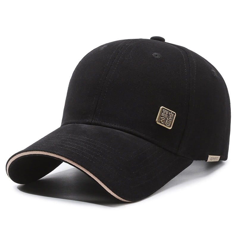 Men outdoor baseball cap in black with subtle beige trim along the brim and a small metallic logo patch for sun protection.