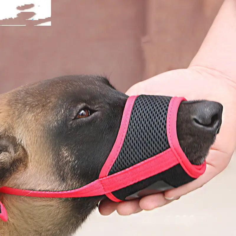 Pink and black mesh dog muzzle with adjustable straps for large dogs shown from the back side.